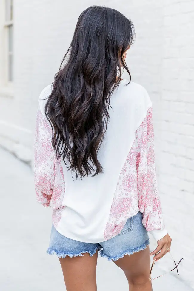 Point The Way Ivory And Pink Paisley Sleeve Blouse