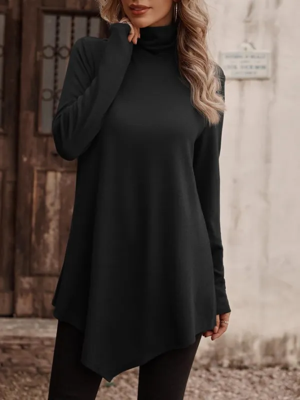 Asymmetric Relaxed Solid Turtleneck A-Line Knit Top