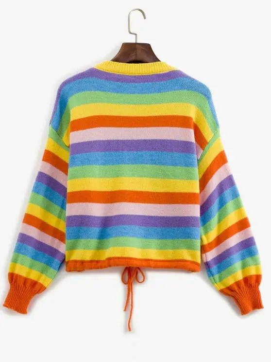 Drawstring Hem Lantern Sleeve Rainbow Stripes Sweater