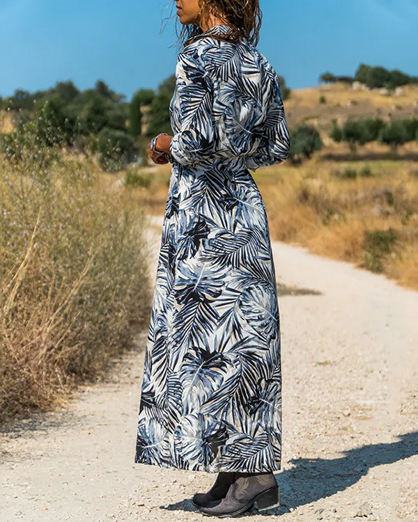 Women's Long Sleeve Bohemian Print Casual Long Dress