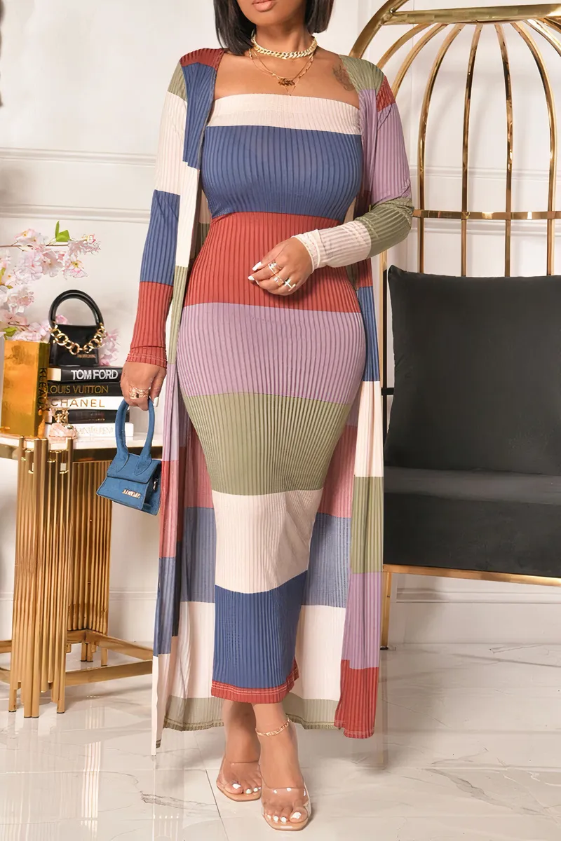 Colorblock Ribbed Tube Long Dress & Coat Set