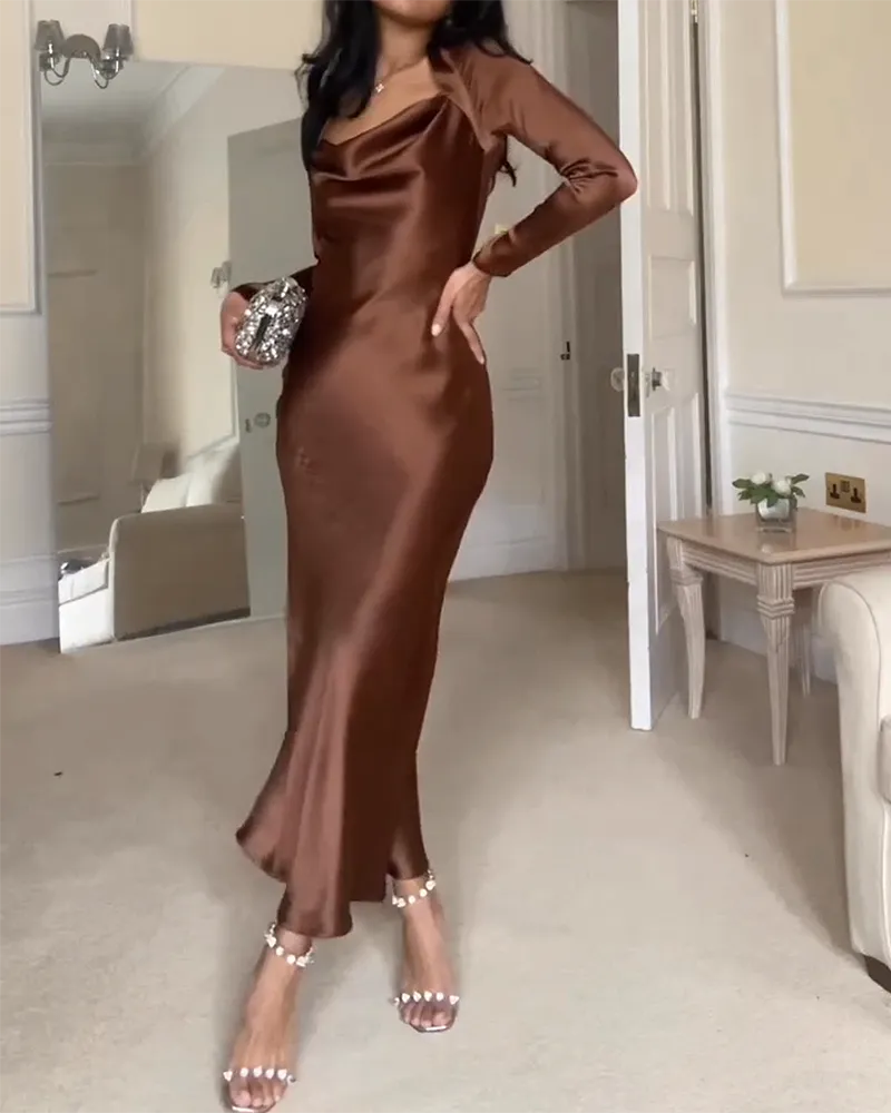 Long Sleeve Satin Solid Color Dress