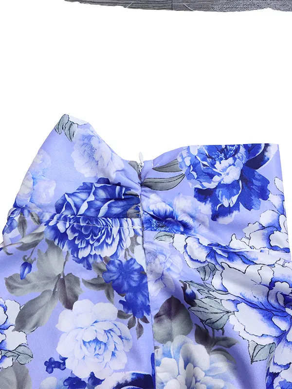Long Sleeves Floral Printed Blouse + Split-Back Solid Color Skirt Two Pieces Set
