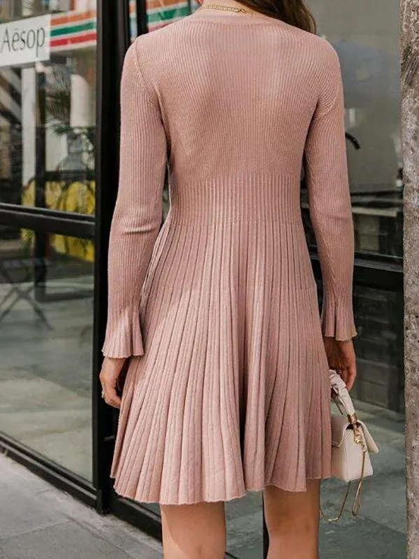 Boat Neck Ribbed Knit Sweater Dress Without Belt