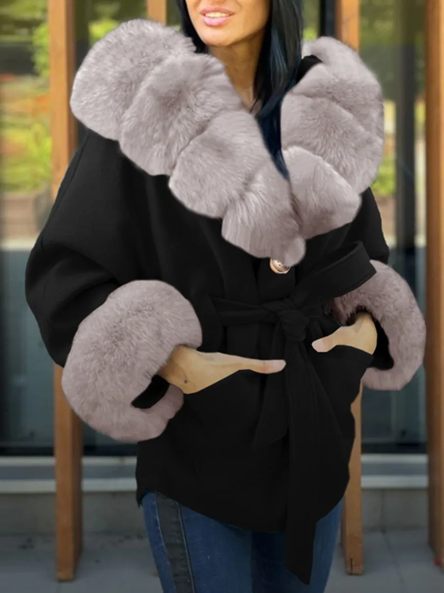 Spliced gray woolen collar with cotton short woolen jacket