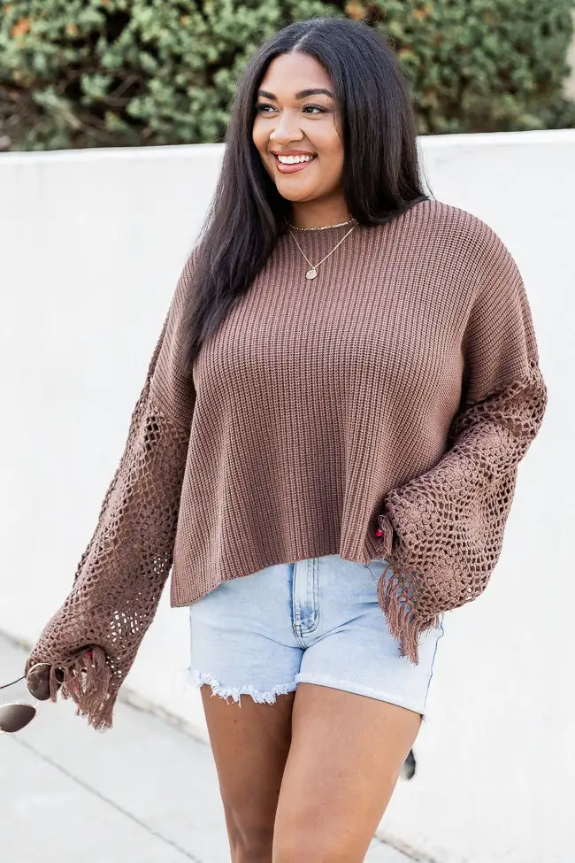 Together Again Crochet Sleeve Sweater Brown