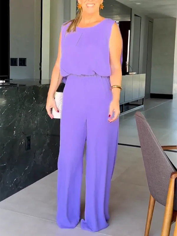 Solid Color Loose Sleeveless Round-Neck Jumpsuits
