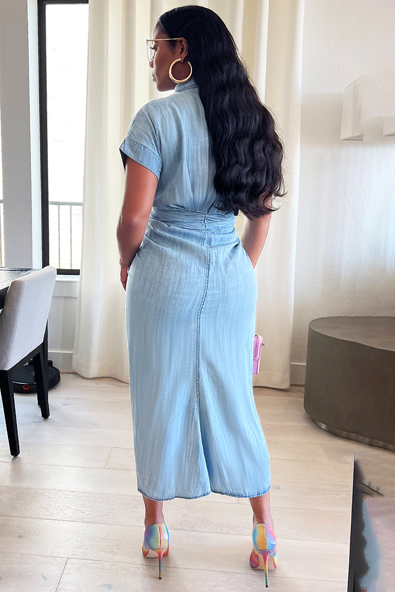 Short Sleeve Button Up Ruched Knotted Bodycon Denim Midi Dress