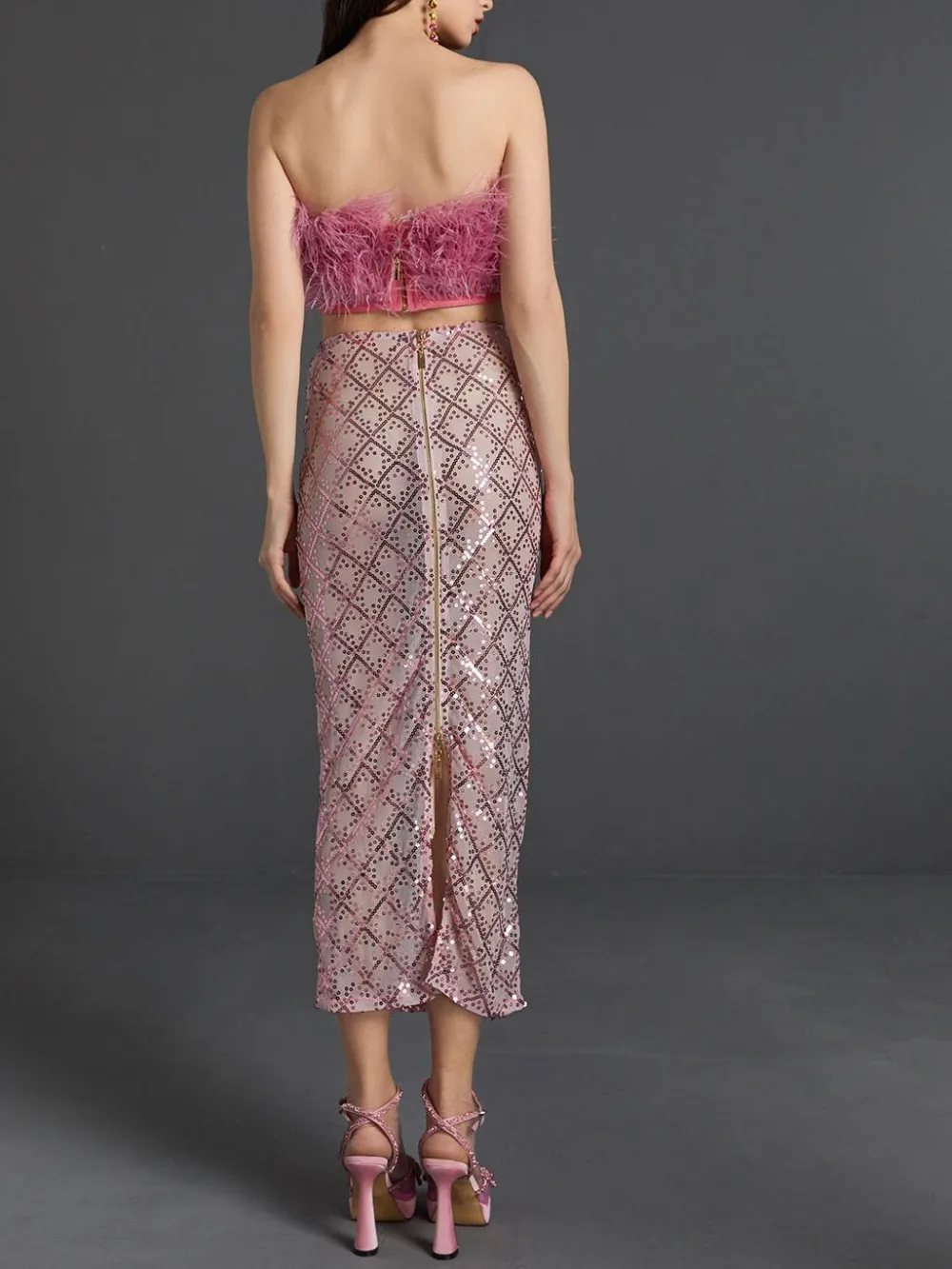 Ansley Strapless Feather Mesh Skirt Set In Pink