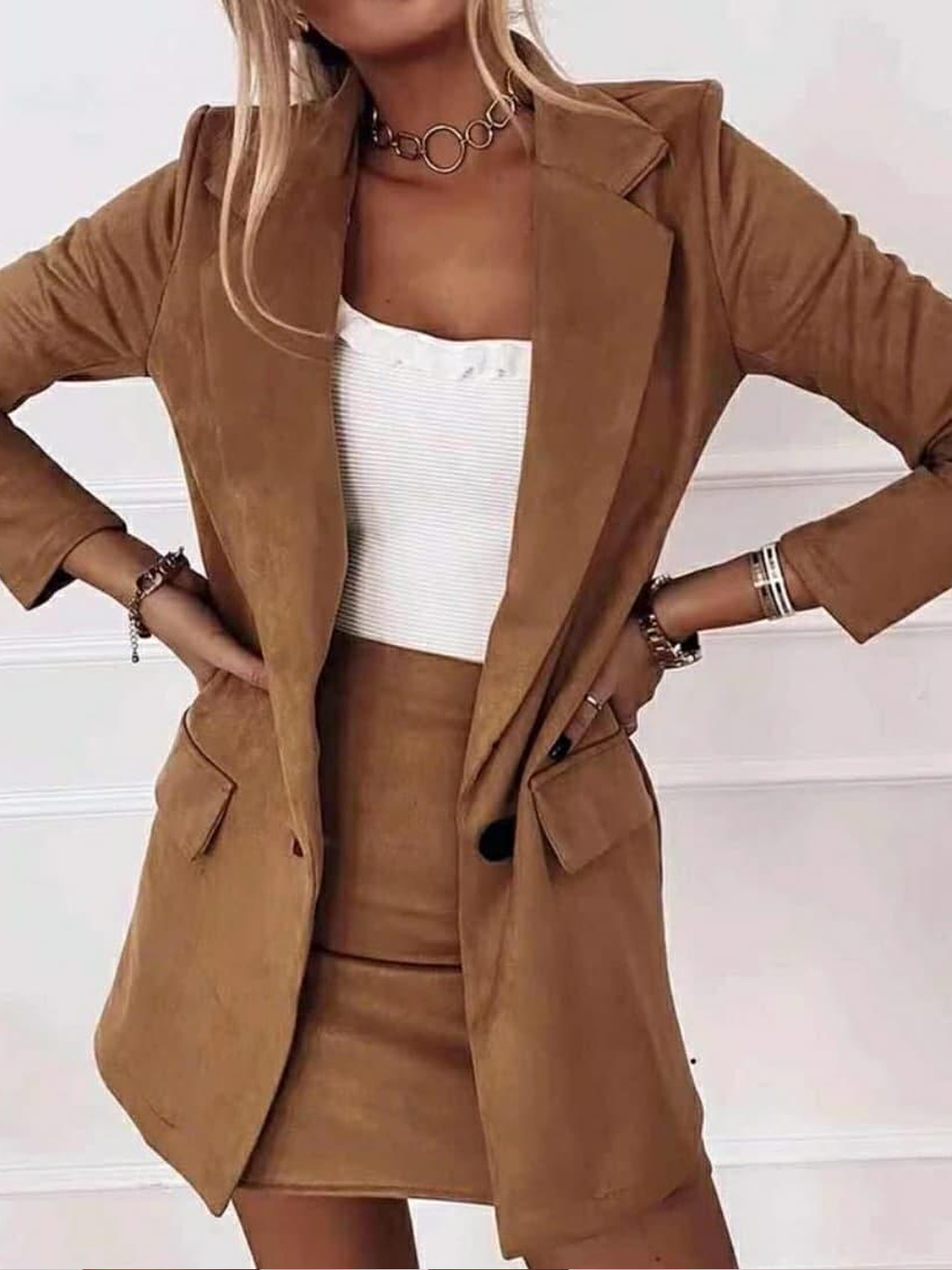 Solid Color Blazer And Skirt Suit
