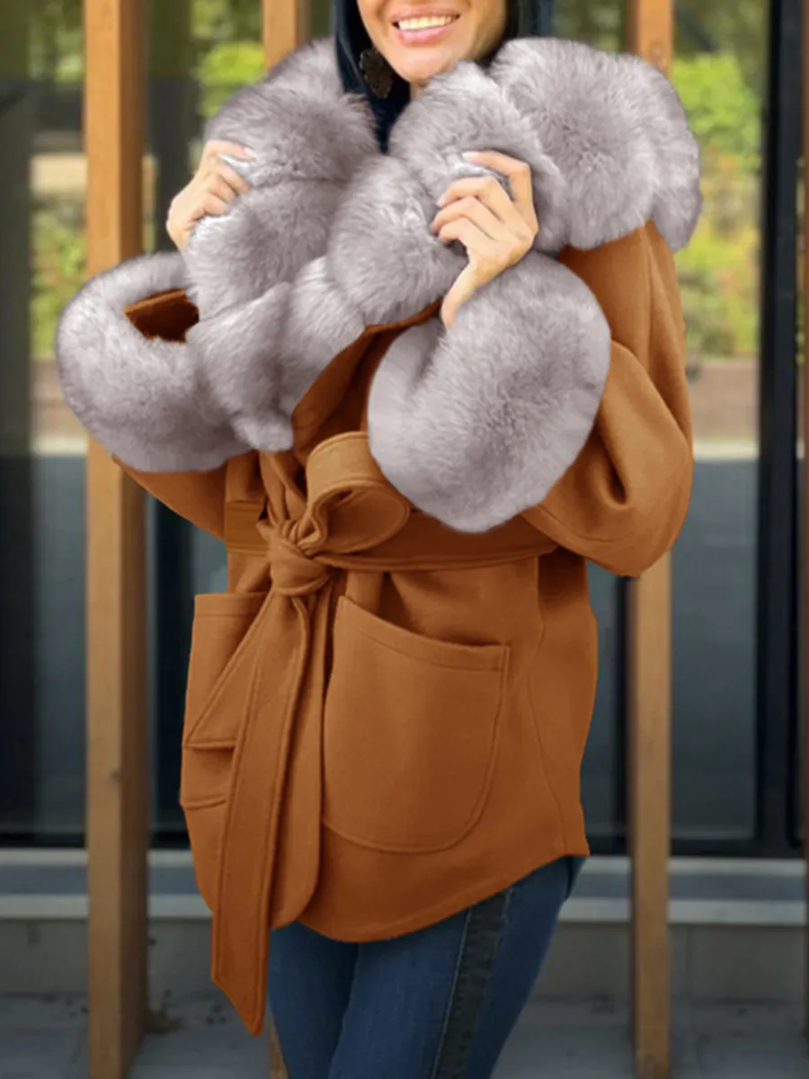 Spliced gray woolen collar with cotton short woolen jacket