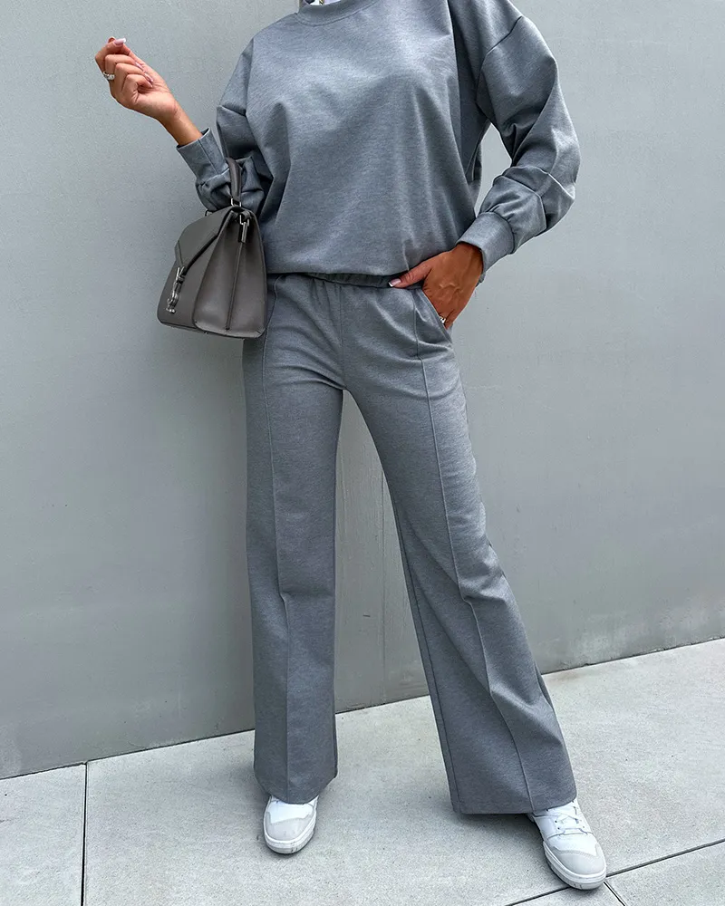 Round Neck Long Sleeve Top Pants Two Piece Suit