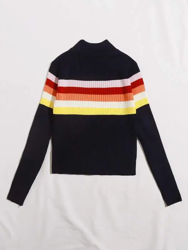 Mock Neck Colorful Striped Ribbed Knit Sweater