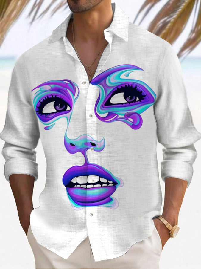 Abstract Face Print Men's Lapel Long Sleeve Shirt