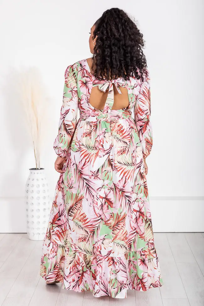 Where I Want To Be Pink and Green Tropical Printed Long Sleeve Maxi Dress