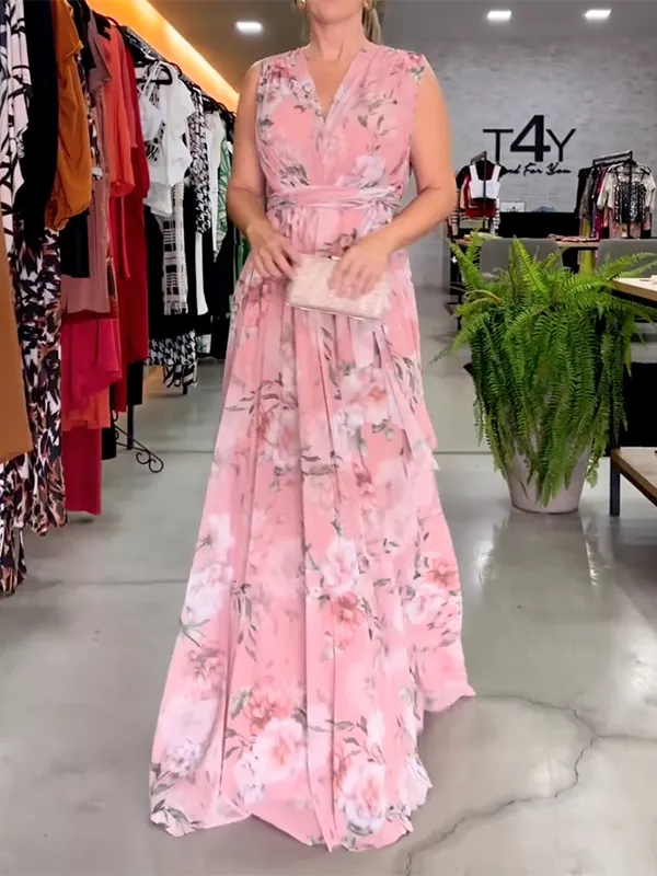 Elegant Empire Bandage Floral Printed V-Back Maxi Dresses