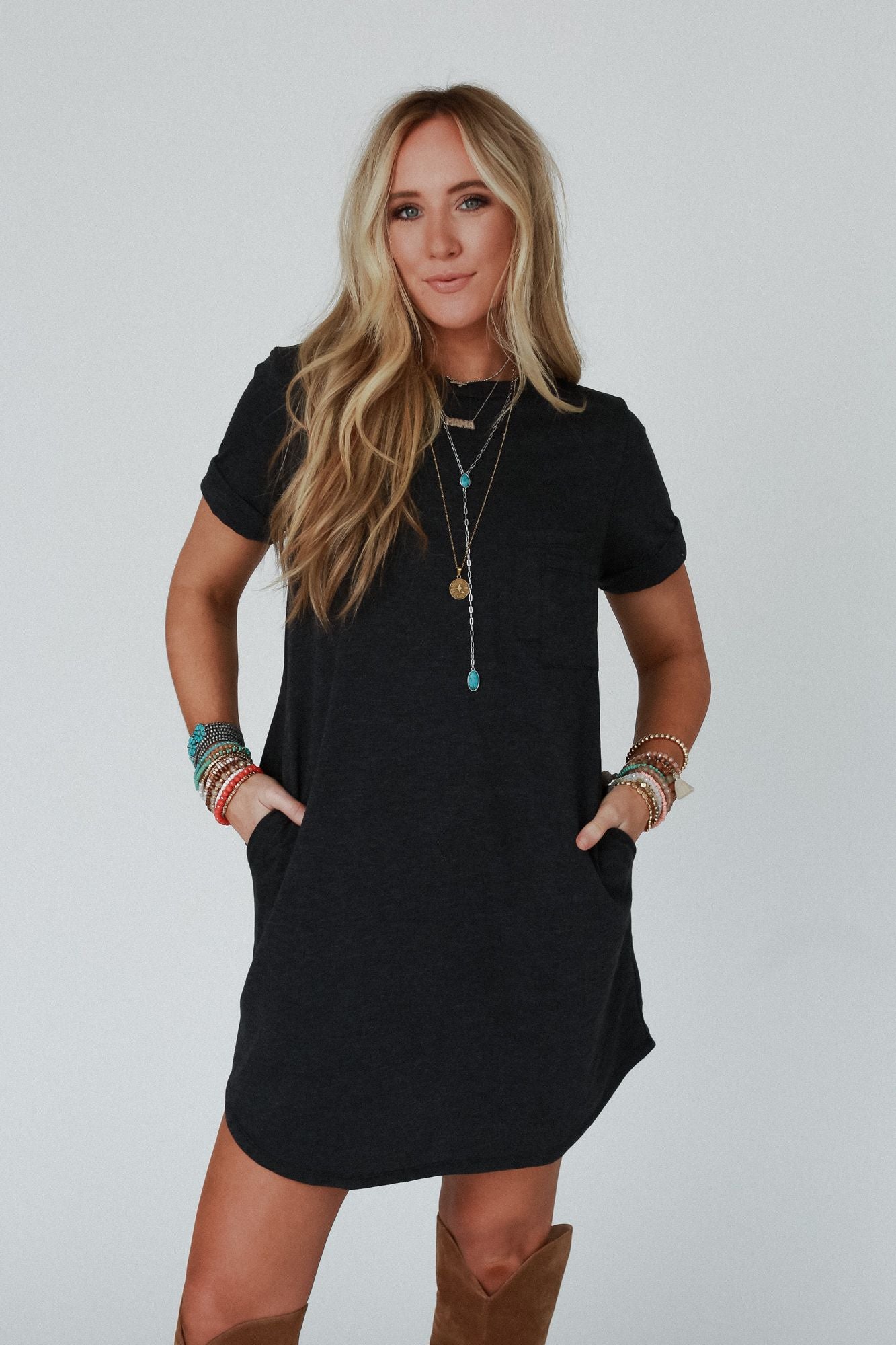 On The Daily Pocket Tee Dress - Charcoal 2Tone