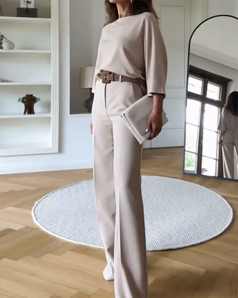 Round Neck Half-sleeved Top and Pants Two-piece Suit Without Belt