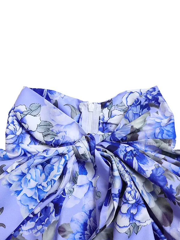 Long Sleeves Floral Printed Blouse + Split-Back Solid Color Skirt Two Pieces Set
