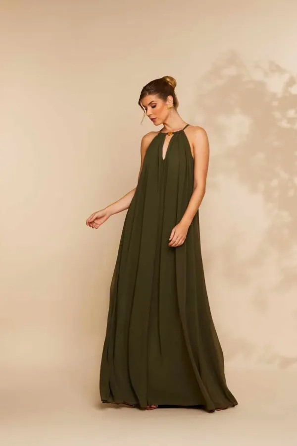Vestido Longo de chiffon - Adélia Verde Oliva