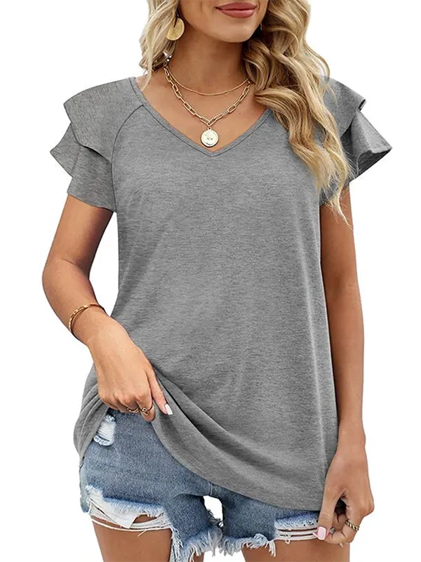 Casual Short Sleeves Falbala Solid Color V-Neck T-Shirts Tops