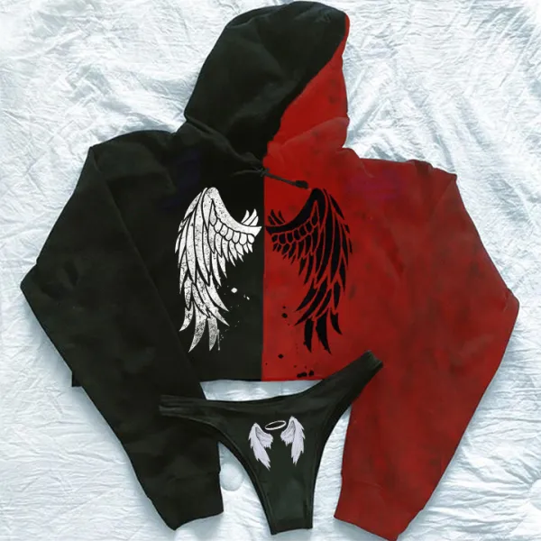 Sexy Angel Wings Printed Cropped Hoodie Suit Set