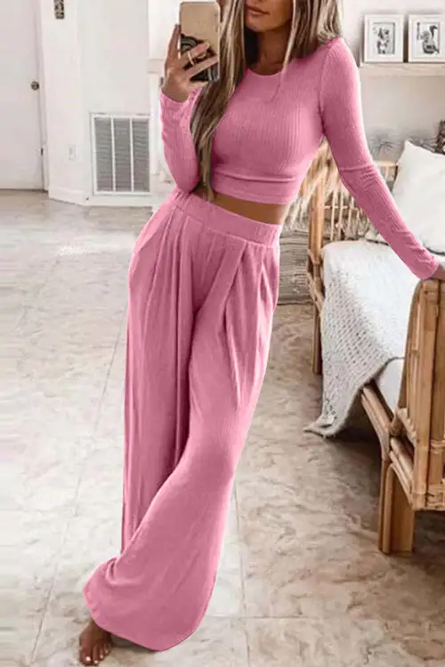 Fashion Solid O Neck Long Sleeve Top+ Loose Wide Leg Pants Two-piece