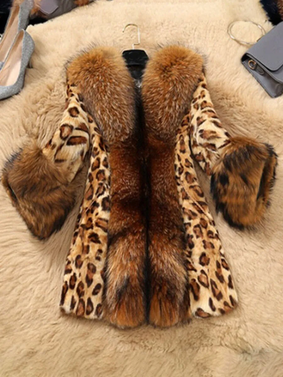 Faux fur trimmed winter leopard print fluffy coat