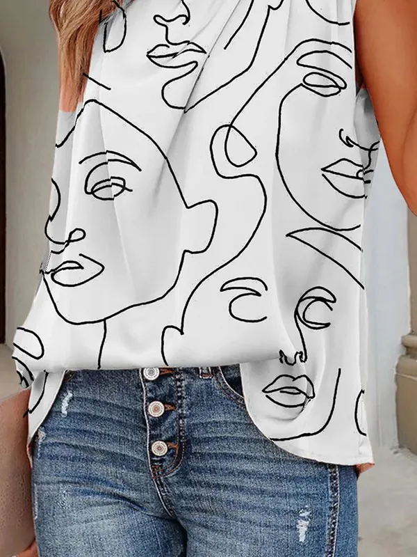 Casual Sleeveless Printed High-Neck Vest Top