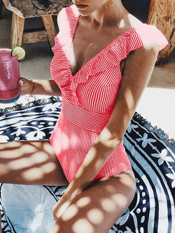 Sexy Striped V-neck Ruffled One-piece Swimsuit