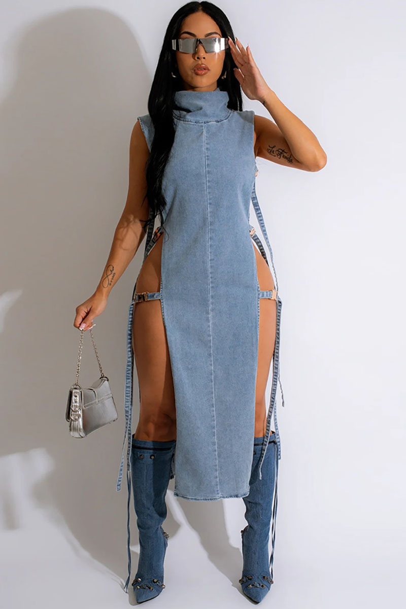 Denim Cut Out Stand Collar Sleeveless Buckle Sash Party Midi Dresses