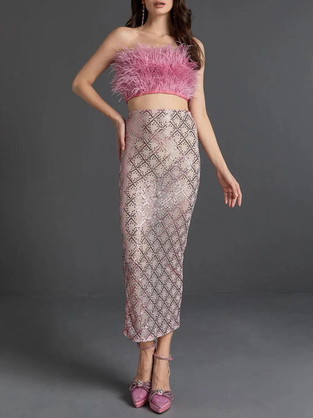 Ansley Strapless Feather Mesh Skirt Set In Pink