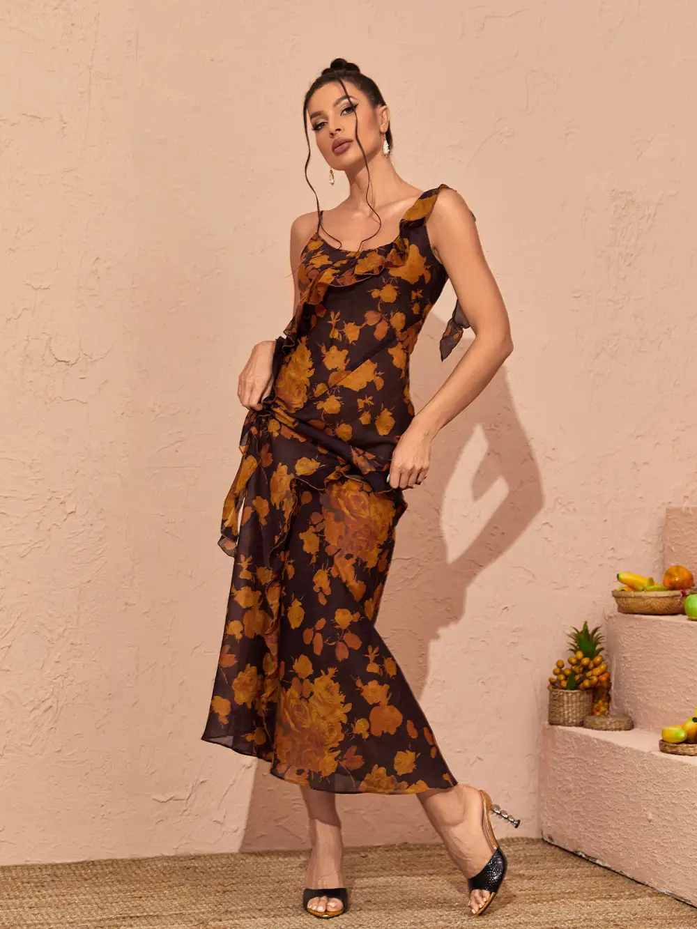 Zuri Ruffle Floral Printed Maxi Dress