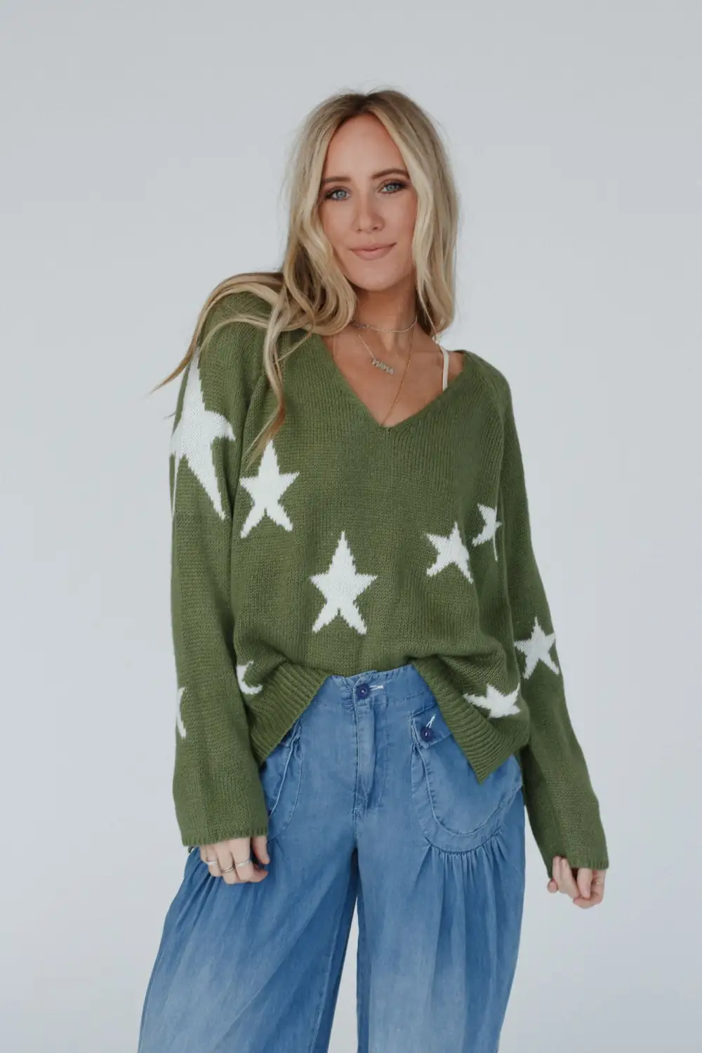 Shining Nights Starry V Neck Sweater - Green