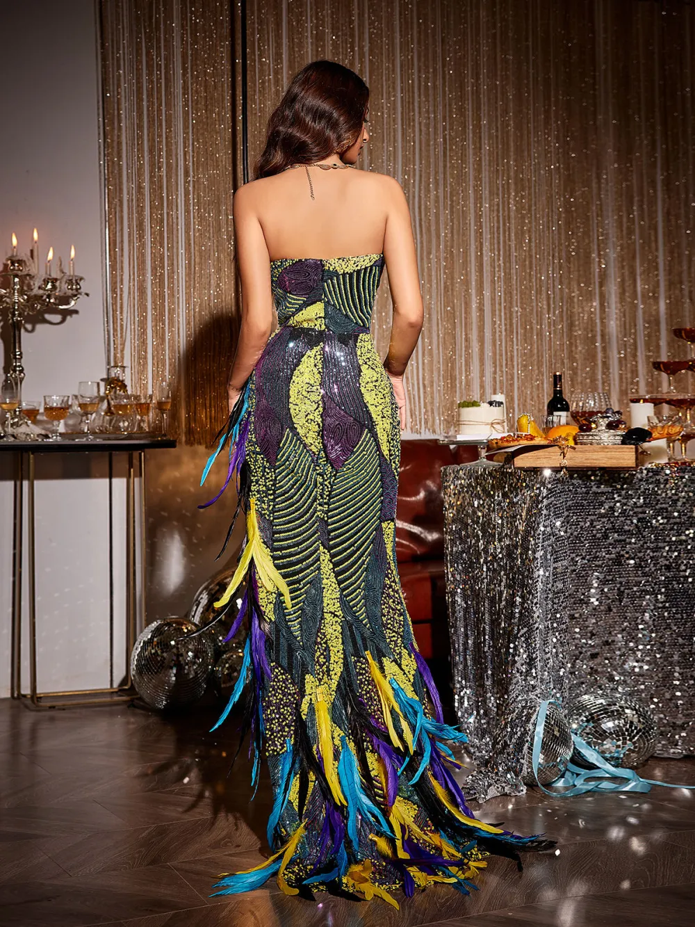 Fifi Patchwork Sequin Feather Asymmetric Maxi Dress