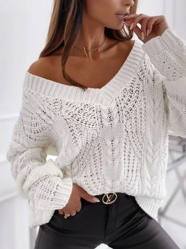 Women's Sweaters Solid V-Neck Hollow Pullover Long Sleeve Sweater