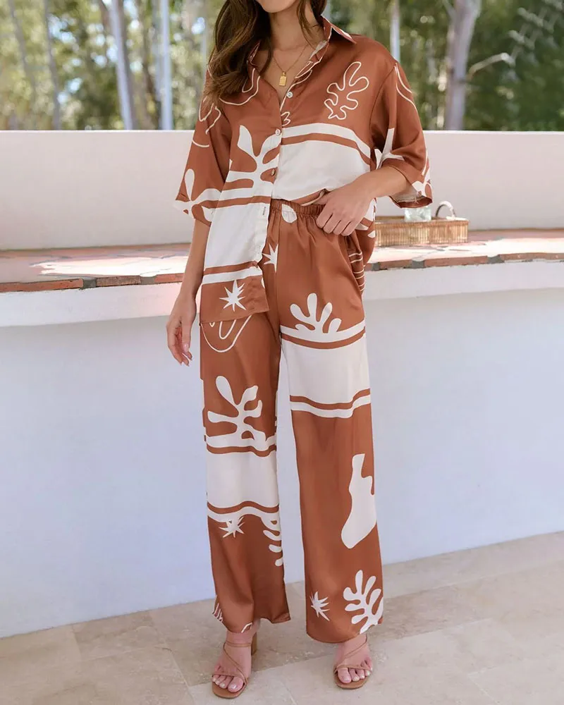 Lapel casual printed two-piece set