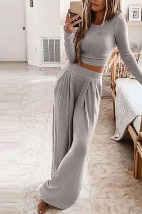 Fashion Solid O Neck Long Sleeve Top+ Loose Wide Leg Pants Two-piece