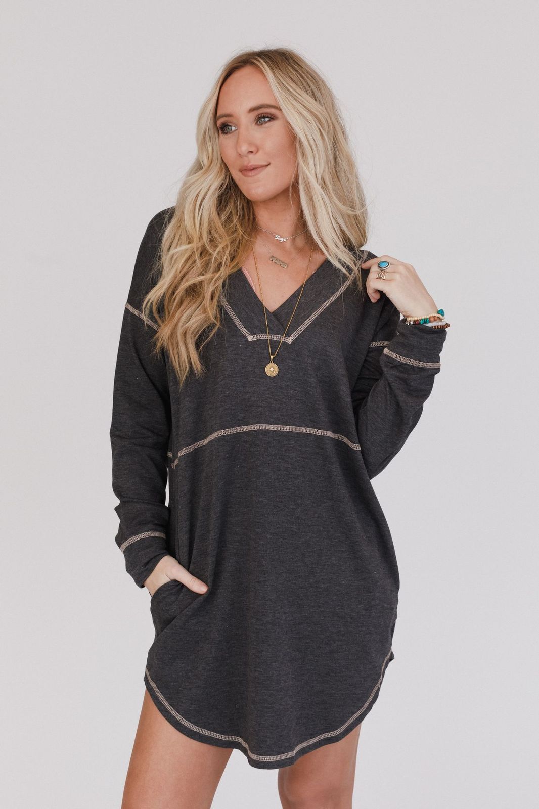 Meadow Long Sleeve Tunic Dress - Charcoal
