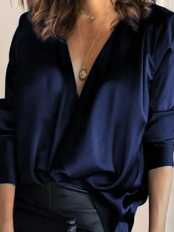 Solid Color V-Neck Long Sleeves Blouse Shirt Top