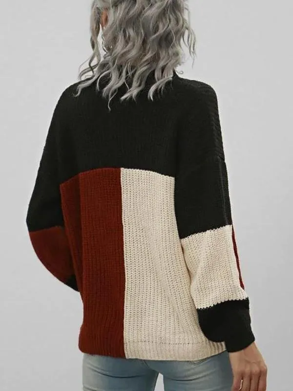 Loose Mock Neck Colorblock Sweater