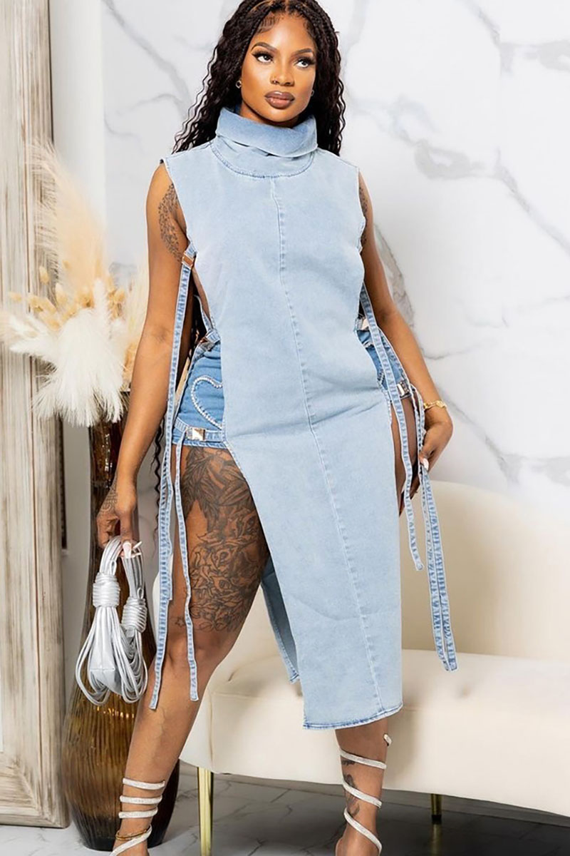 Denim Cut Out Stand Collar Sleeveless Buckle Sash Party Midi Dresses