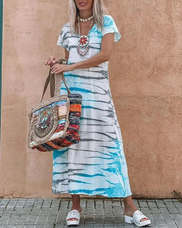 Women's Short Sleeve Stripe Tie Dye Print Long Dress