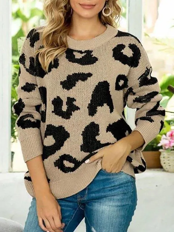 Leopard Drop Shoulder Loose Jumper Sweater