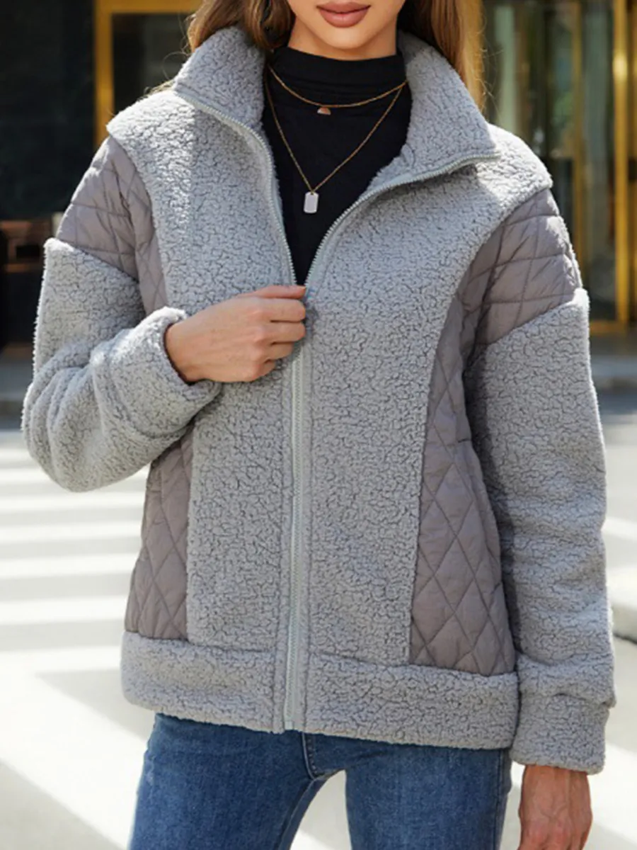 Long sleeved cardigan zippered plush patchwork diamond plaid jacket