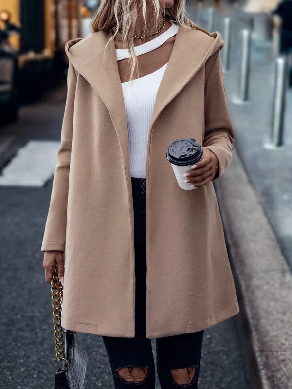 Solid Open Front Hooded Belted Overcoat