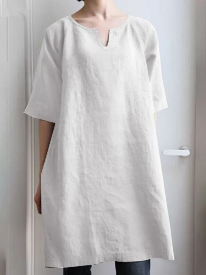 Ladies Cotton Linen Casual Mid Sleeve Dress