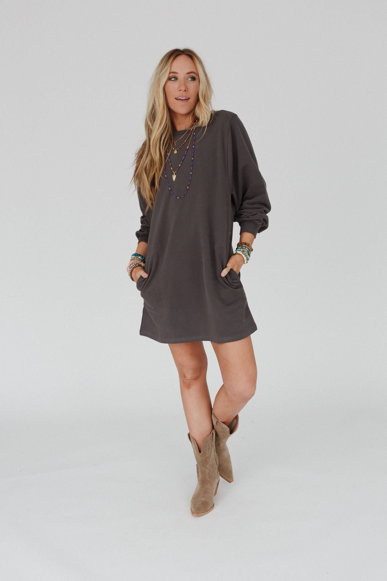 Walk In Love Pocketed Crew Neck Tunic - Ash