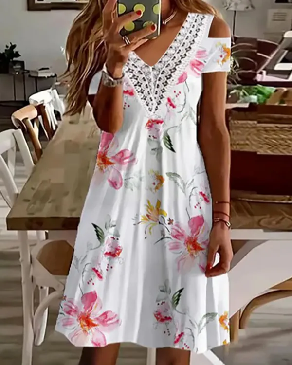 Casual Lace Stitching V-neck Mini Dress