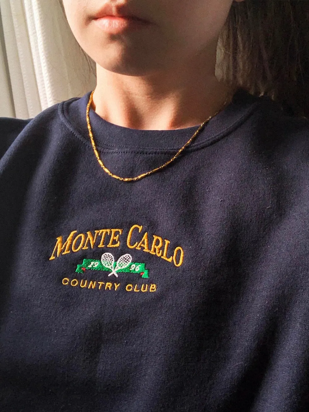 Monte Carlo Vintage Sweatshirt, Embroidered Tennis Crewneck, Monaco Sweater